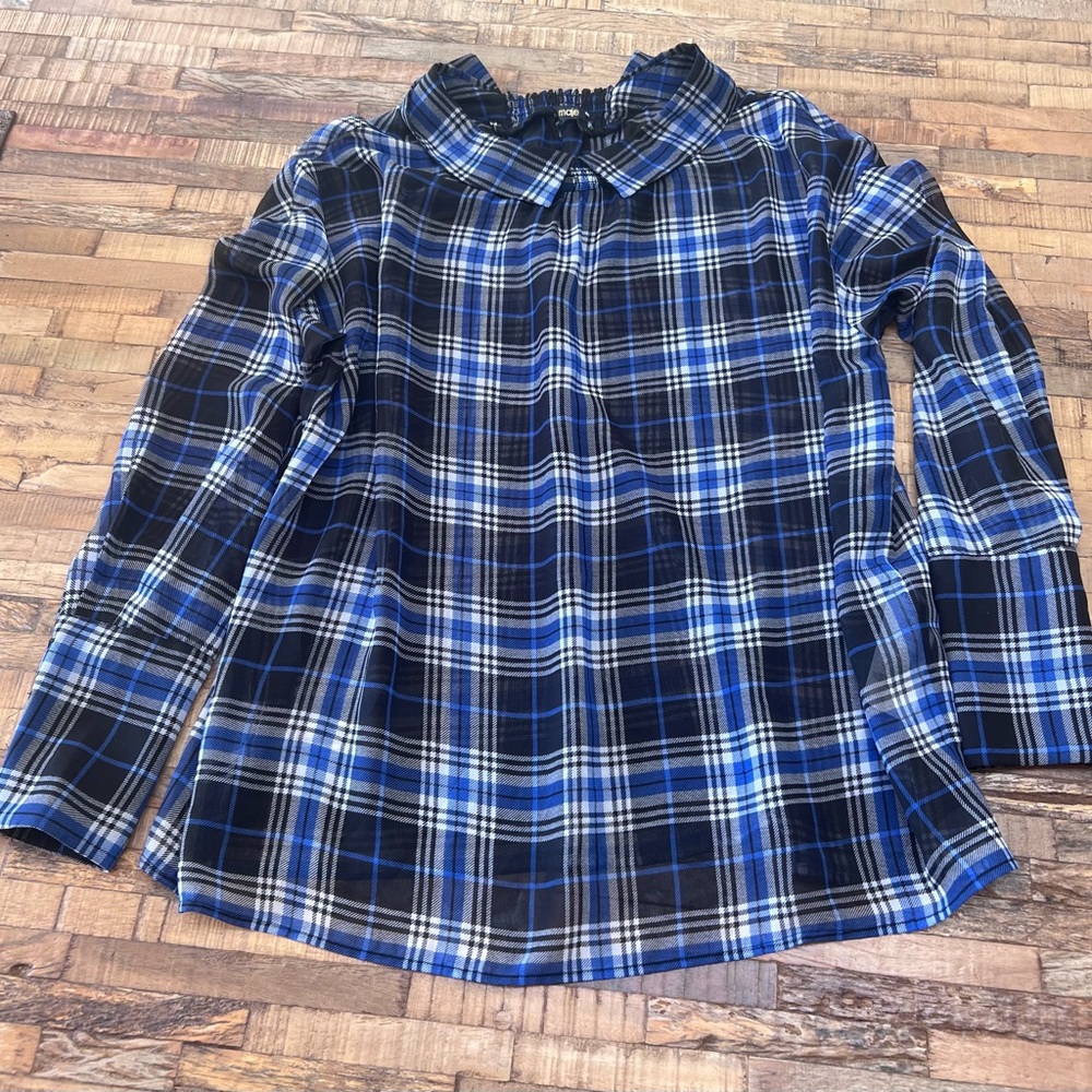 MAJE sheer Blue & Black Plaid Long Sleeve Top